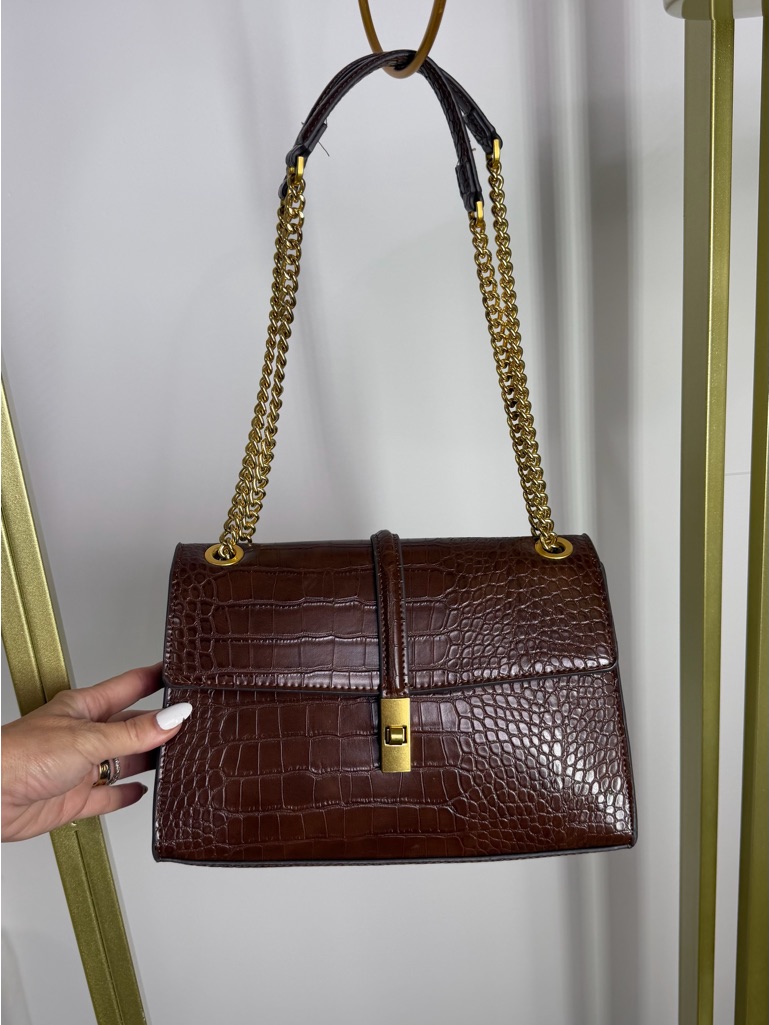 Mango Croc-Embossed Shoulder Bag In Dark Brown With Gold Chain